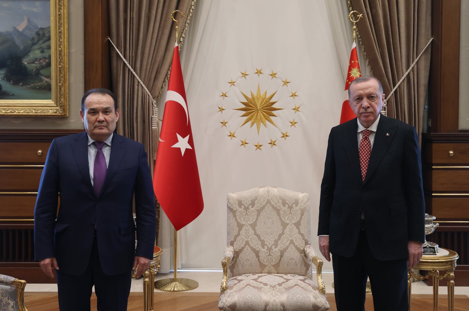 Presiden Recep Tayyip Erdoğan with Turkic Council's General-Secretariat Baghdad Amreyev in Presidential Complex, Ankara, Turkey, March 30, 2021. (AA) 