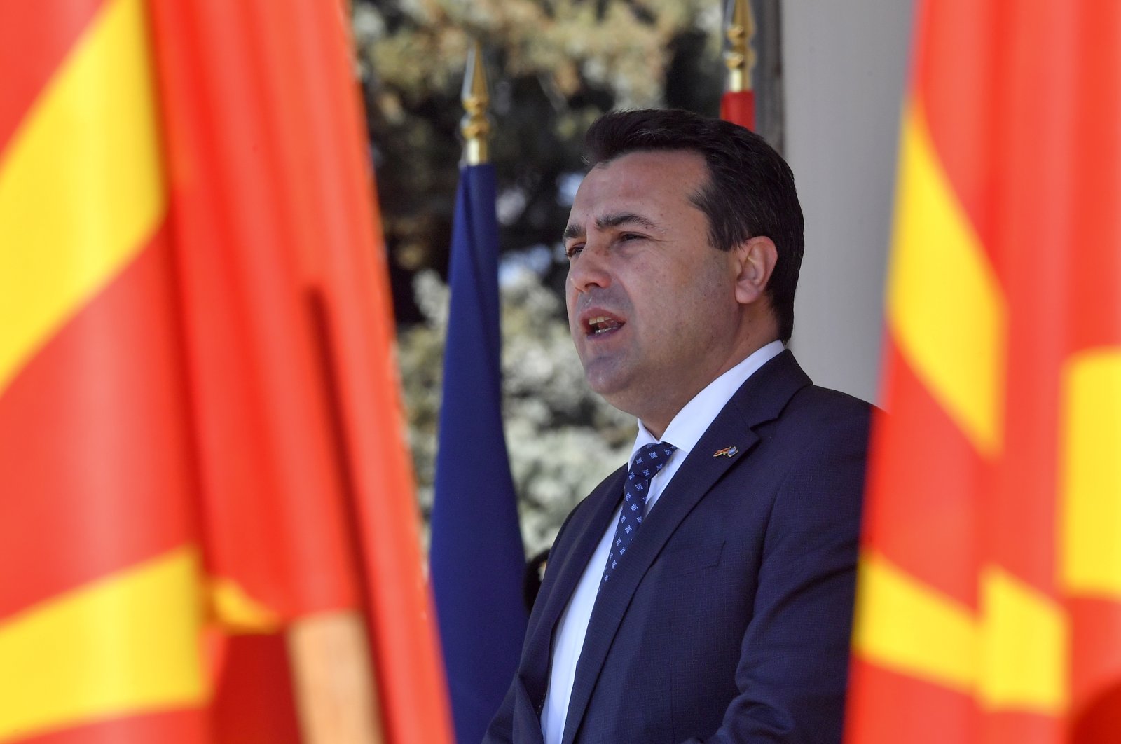 Macedonian Prime Minister Zoran Zaev addresses the soldiers during the ceremony marking one year since North Macedonia NATO membership in Skopje, Republic of North Macedonia, March 27, 2021. (EPA)