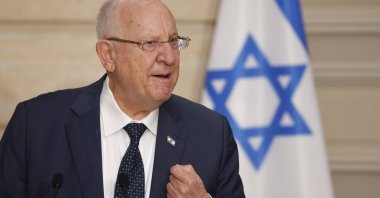 Israeli President Reuven Rivlin speaks during a joint press conference and working lunch with French President Emmanuel Macron, at the Elysee Palace, Paris, France, March 18, 2021. (AP Photo)