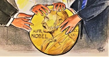 In this illustration by Erhan Yalvaç, the Nobel Peace Prize resembles a symbolic "orb," on which former U.S. President Donald Trump, Saudi Arabia's King Salman and Egypt's usurper president, Abdel-Fattah el-Sissi lay their hands together to harbinger their renewed relations during a meeting in Saudi Arabia's Riyadh in 2017.