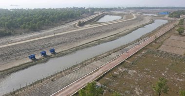 An aerial view shows an embankment near a housing complex, where Rohingya refugees are being relocated, in Bhashan Char island of Noakhali District, Bangladesh, Jan. 31, 2021. (AFP Photo)