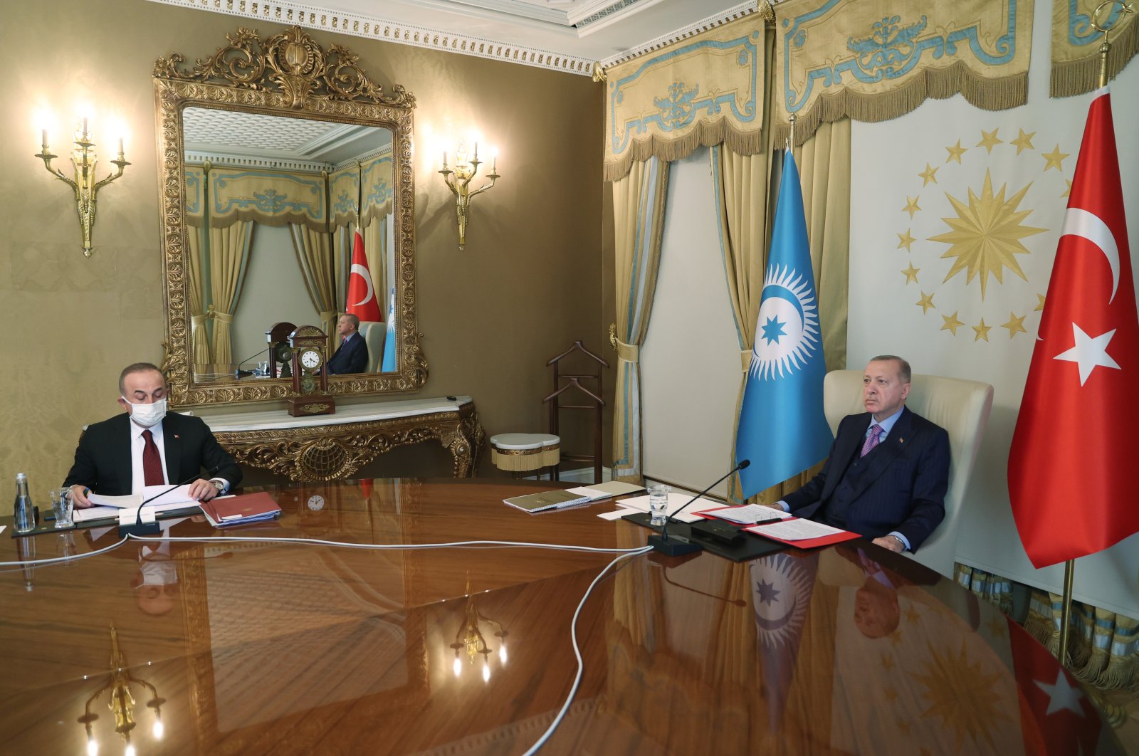 President Recep Tayyip Erdoğan (R) attends an online meeting of Turkic Council, Istanbul, Turkey, March 31, 2021. (AA Photo)
