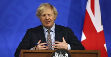 Britain's Prime Minister Boris Johnson speaks during a media briefing on COVID-19 from Downing Street's media briefing room in London, U.K., March 29, 2021. (AP Photo)