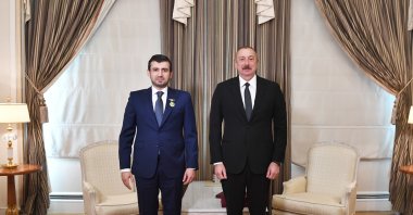 Baykar's CTO Selçuk Bayraktar (L), Azerbaijan's President Ilham Aliyev, Baku, Azerbaijan, April 1, 2021. (Photo by the Presidency of Azerbaijan via AA)