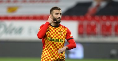  Alpaslan Öztürk celebrates a goal during the Göztepe-Büyükşehir Belediye Erzurumspor Süper Lig match on March 29. 2021. (AA Photo) 