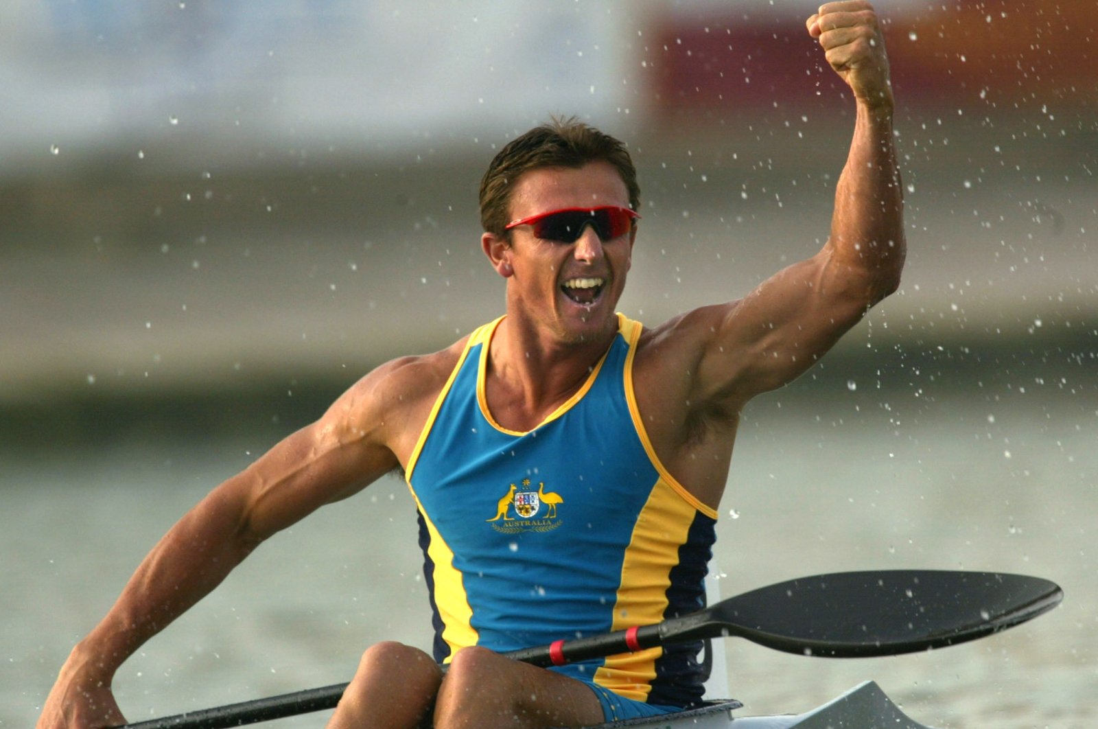 Australi's Nathan Baggaley celebrates his victory in men's K1 500 meters final at 2002 Canoe World Championship, Seville, Spain, Sept. 1, 2002.