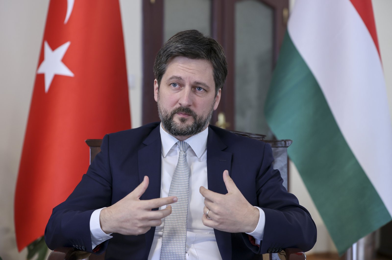 Hungarian Envoy to Ankara Viktor Matis speaks in an interview with Anadolu Agency (AA), in Ankara, Turkey, April 1, 2021. (AA)