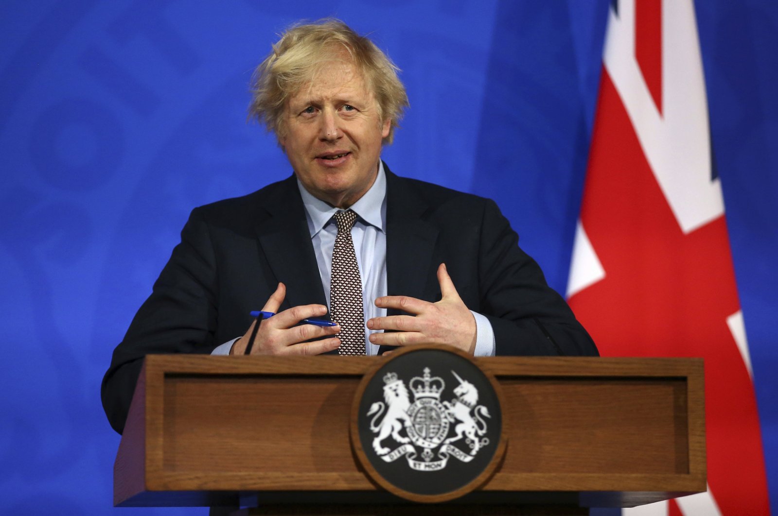 Britain's Prime Minister Boris Johnson speaks during a media briefing on COVID-19 from Downing Street's media briefing room in London, U.K., March 29, 2021. (AP Photo)