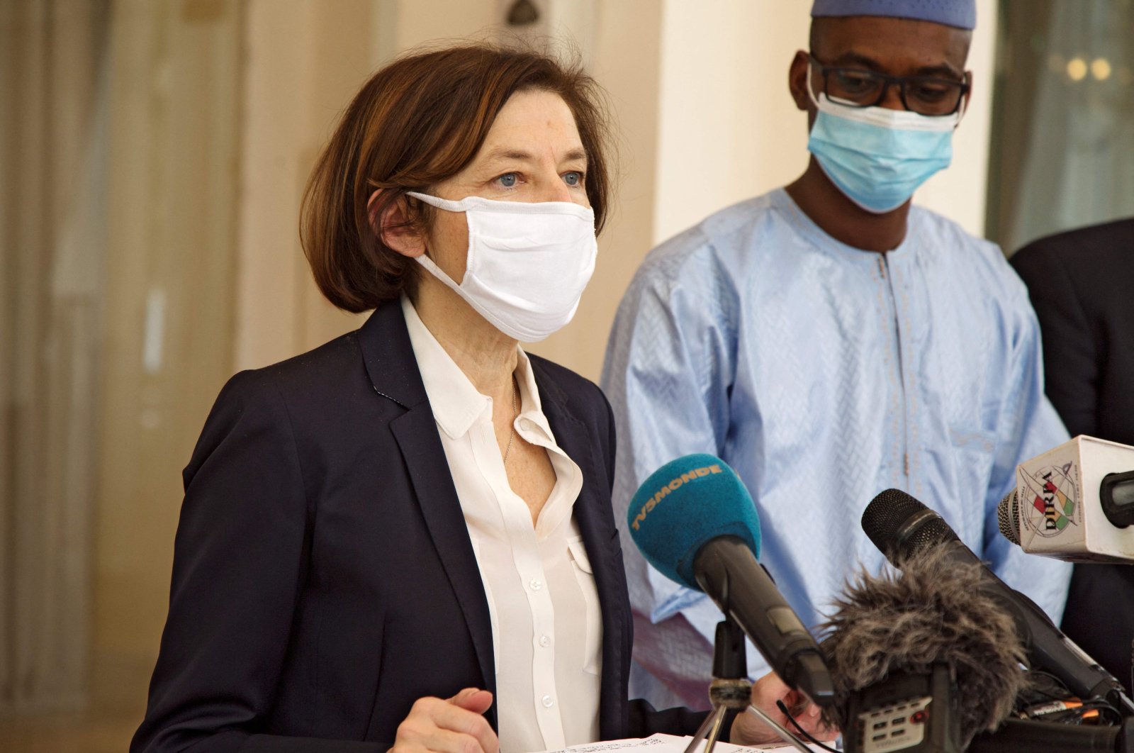French Minister of the Armed Forces, Florence Parly (L), addresses the media after talks with Malian President, Bah Ndaw, at the Presidential Palace in Bamako, Mali on April 1, 2021. (AFP Photo)