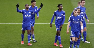 Leicester City’s Kelechi Iheanacho (L) celebrates with teammates after scoring a goal against Sheffield United at the King Power Stadium, Leicester, Britain, March 14, 2021.
