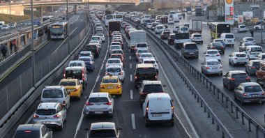Vehicles are seen on a road amid dense traffic on the D-100 Highway in Cevizlibağ, Istanbul, Turkey, March 1, 2021. (AA Photo)