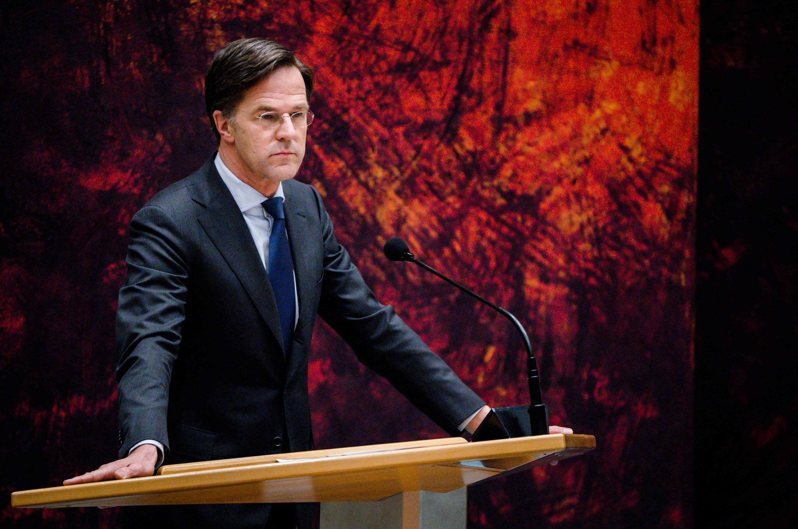 Outgoing Prime Minister and VVD Member of Parliament Mark Rutte stands in the House of Representatives, during a debate about the failed formation reconnaissance, The Hague, Netherlands, April 2, 2021. (AFP Photo)