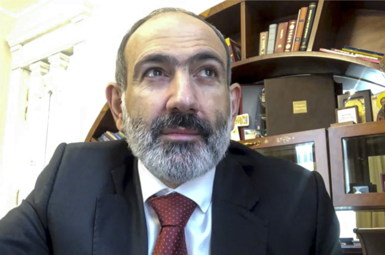 Armenian Prime Minister Nikol Pashinian addressing the nation in a frame grab taken from a video published on Pashinian's official Facebook account @nikol.pashinyan, from an unknown location in Armenia, Nov. 11, 2020. (@nikol.pashinyan, Armenian Prime Minister official Facebook account via AP)