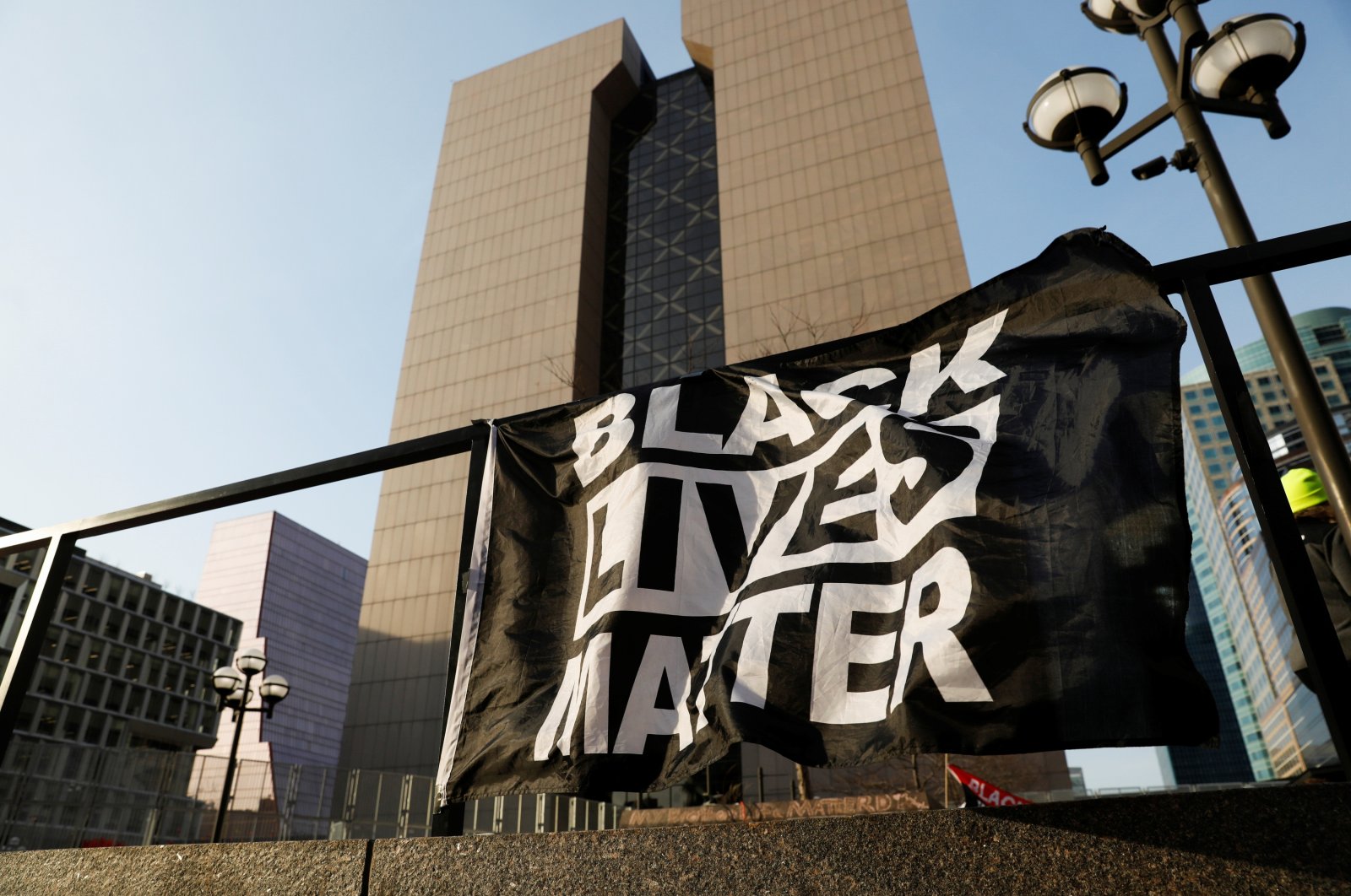 A Black Lives Matter flag hangs outside of the Hennepin County Government Center, while the fifth day of trial continues for Derek Chauvin, in Minneapolis, Minnesota, U.S., April 2, 2021. (Reuters Photo)