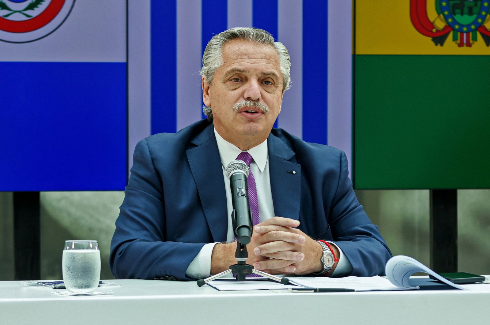 Argentine President Alberto Fernandez delivering a speech during a virtual Mercosur Summit, amid the coronavirus pandemic, on the 30th anniversary of its creation at Casa Rosada in Buenos Aires, Argentina, March 26, 2021. (Photo by Esteban Collazo/Argentinian Presidency/AFP Photo)