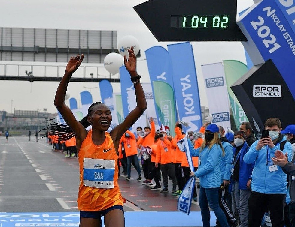 Kenyan athlete Ruth Chepngetich crosses the finish line at the N Kolay Istanbul Half Marathon, Istanbul, Turkey, April 4, 2021. (IHA Photo)
