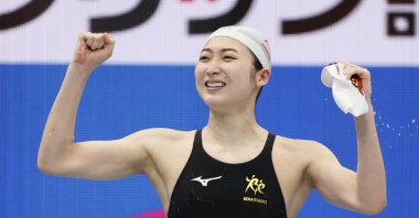 Japan's Rikako Ikee reacts after winning the women's 100-meter butterfly final at the national swimming championships at Tokyo Aquatics Centre in Tokyo, Japan, April 4, 2021 (Reuters Photo)