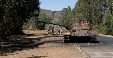 A burned tank stands near the town of Adwa, Tigray region, Ethiopia, March 18, 2021. (Reuters Photo)