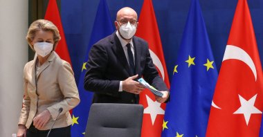 Ursula von der Leyen, president of the European Commission (L) and Charles Michel, president of the European Council, arrive for a video link meeting with Turkey's President Recep Tayyip Erdoğan, not pictured, at the Europa Building, Brussels, Belgium, March 19, 2021. (Getty Images)