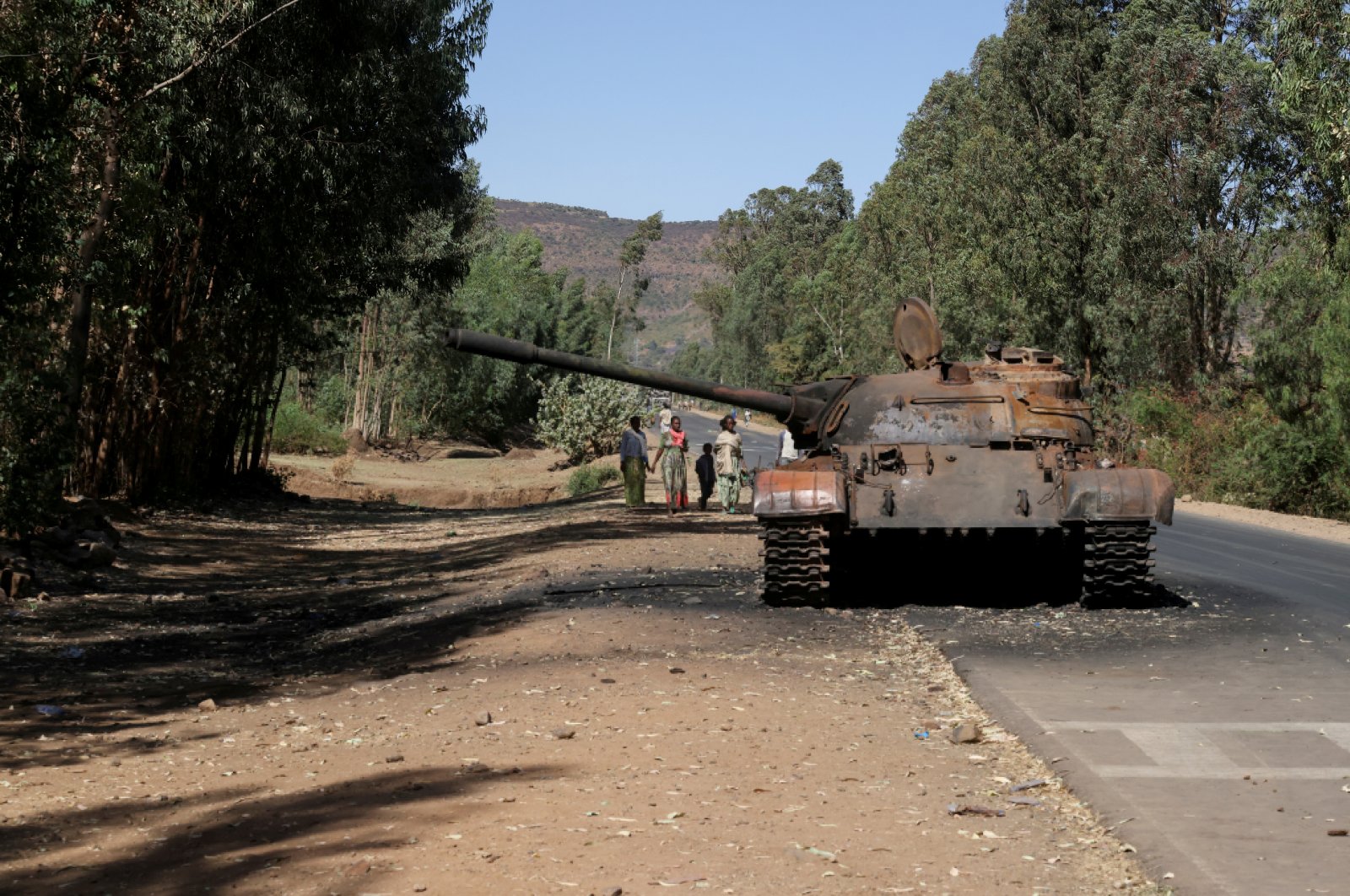 A burned tank stands near the town of Adwa, Tigray region, Ethiopia, March 18, 2021. (Reuters Photo)