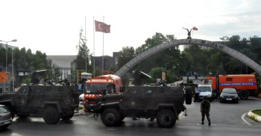 Police vehicles and trucks block the entrance of Air Forces Academy in Istanbul after the coup attempt, Turkey, July 18, 2016. (DHA PHOTO)