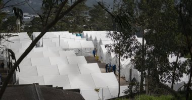 Several tents can be seen in Las Raices camp in San Cristobal de la Laguna, in the Canary Island of Tenerife, Spain, March 18, 2021. (AP Photo)