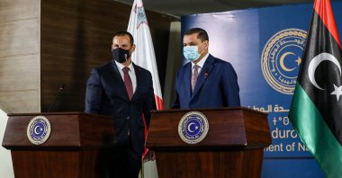 Malta's Prime Minister Robert Abela (L) and Libya's Prime Minister Abdul Hamid Dbeibah give a joint press conference at the prime minister's office in Tripoli, Libya, April 5, 2021. (AFP Photo)