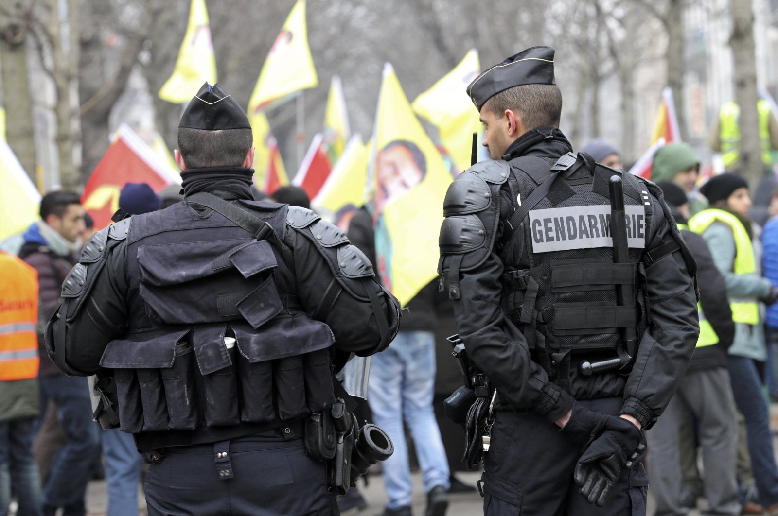 French gendarmes stand guard during a demonstration in support of jailed PKK terrorist group leader Abdullah Öcalan in Strasbourg, France, Feb. 11, 2017. (Reuters Photo)