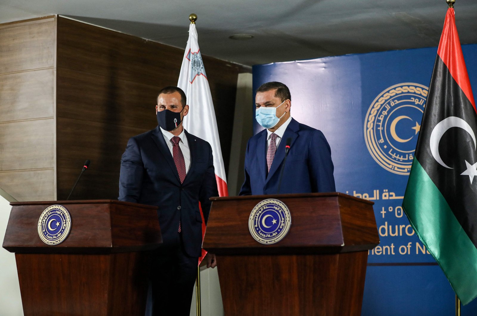 Malta's Prime Minister Robert Abela (L) and Libya's Prime Minister Abdul Hamid Dbeibah give a joint press conference at the prime minister's office in Tripoli, Libya, April 5, 2021. (AFP Photo)