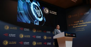 Trade Minister Ruhsar Pekcan speaks during a meeting to announce Turkey's 2020 e-commerce figures, Ankara, Turkey, April 6, 2021. (AA Photo)