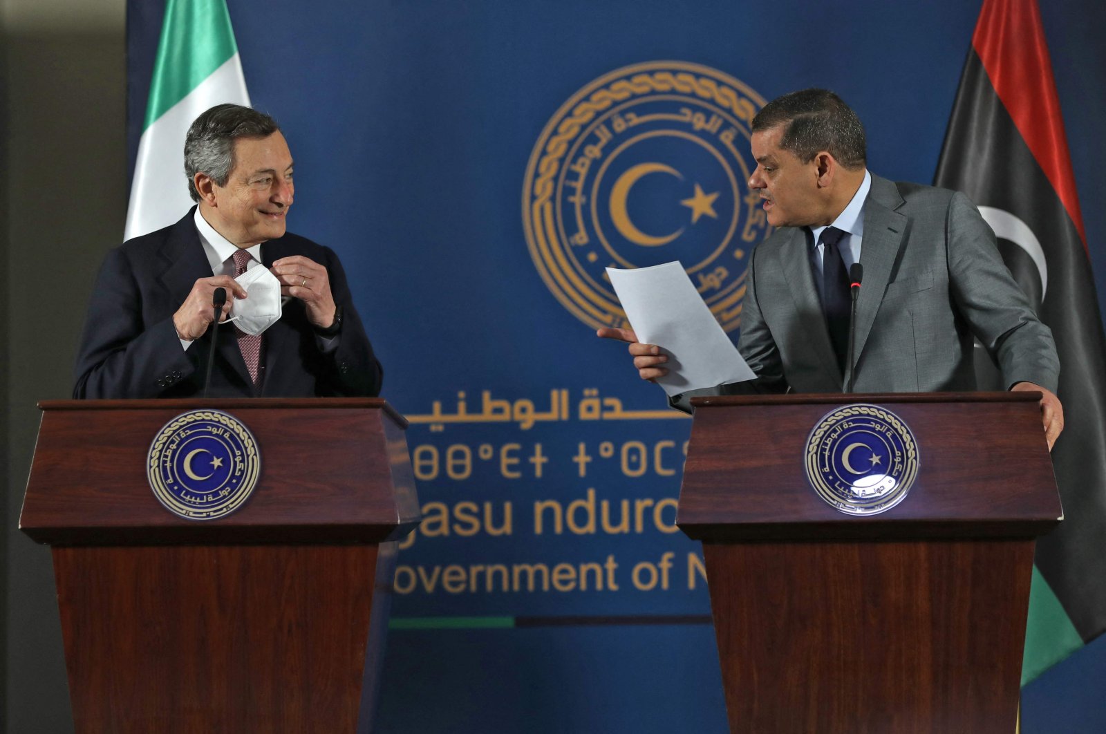 Italian Prime Minister Mario Draghi (L) and Libya's interim Prime Minister Abdul Hamid Dbeibah give a joint press conference at the prime minister's office in the capital Tripoli, Libya, April 6, 2021. (AFP Photo)