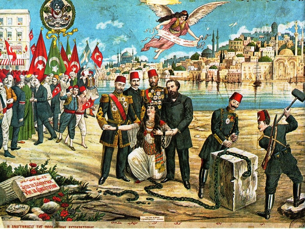 A Greek lithograph celebrating the Young Turk revolt in 1908 and the re-introduction of a constitutional regime in the Ottoman Empire.