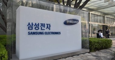 The logo of Samsung Electronics at the company's Seocho building in Seoul, South Korea, April 7, 2021. (AFP Photo)