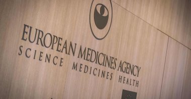 An inscription reads “European Medicines Agency” at the entrance of the new building at the EMA headquarters in Amsterdam, the Netherlands, Nov. 15, 2019. (AFP Photo)