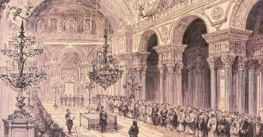A lithograph of the opening ceremony of the first Ottoman Parliament at the Dolmabahçe Palace in Istanbul in 1876.