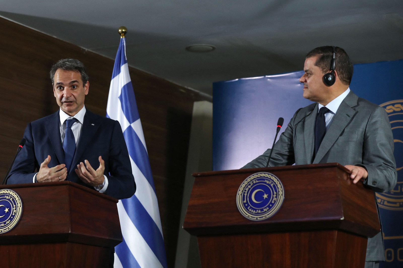 Greece's Prime Minister Kyriakos Mitsotakis (L) and Libya's interim Prime Minister Abdul Hamid Dbeibah (R) hold a joint press conference in the capital Tripoli, Libya, April 6, 2021. (AFP Photo)