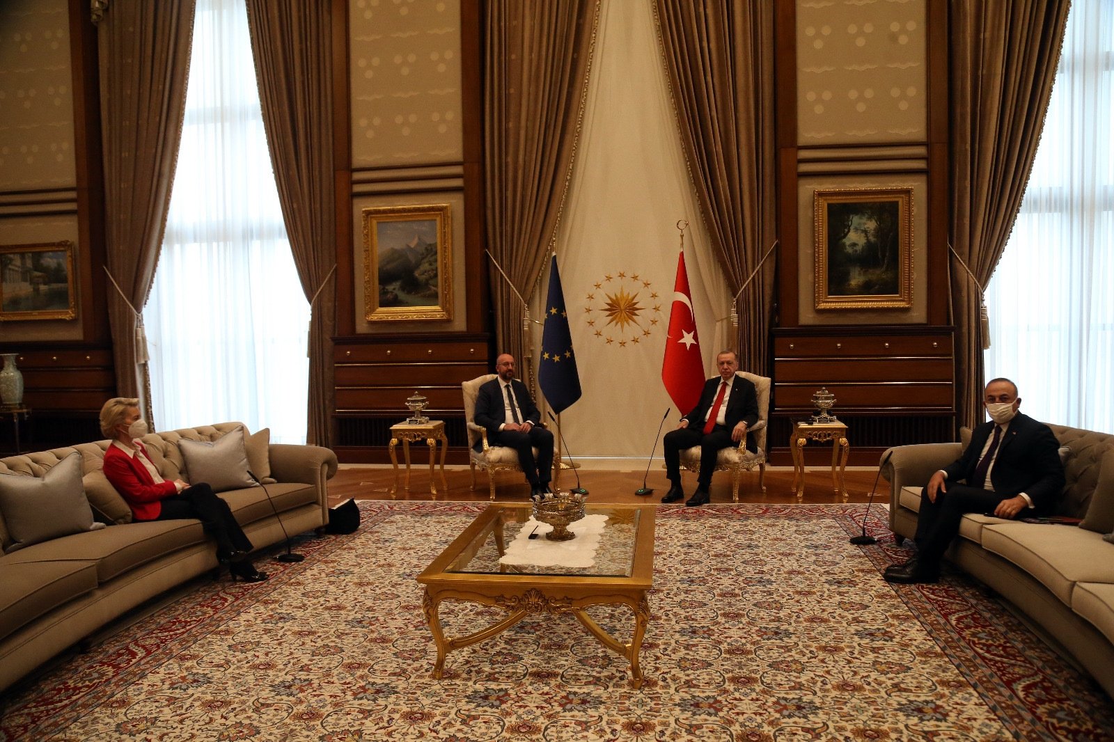 President Recep Tayyip Erdoğan receives European Council President Charles Michel and European Commission President Ursula von der Leyen at the Presidential Complex in Ankara, Turkey, April 6, 2021. (Courtesy of the EU Delegation to Turkey)