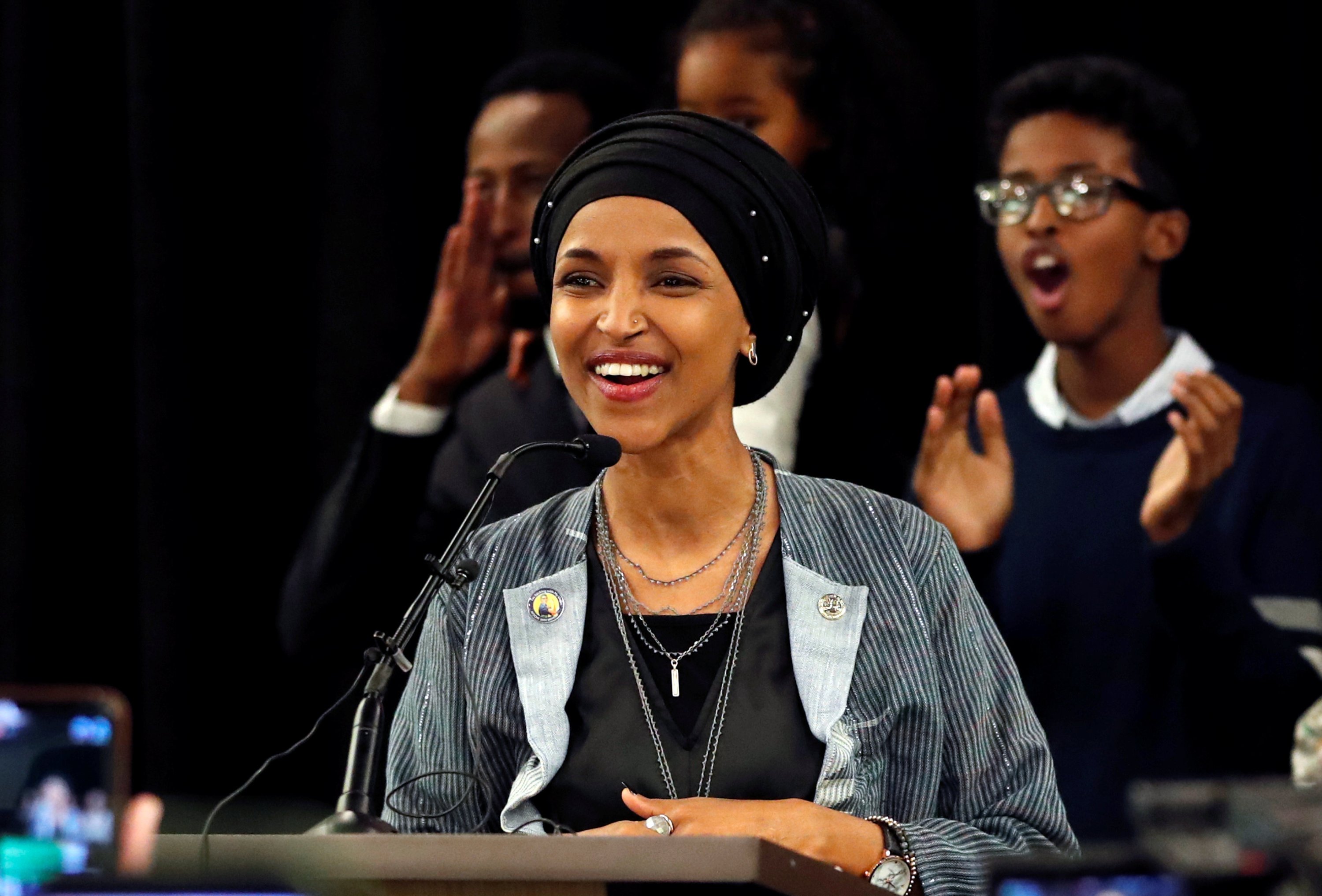 Democratic congressional candidate Ilhan Omar reacts after appearing at her election night party in Minneapolis, Minnesota, U.S, Nov.6, 2018. (REUTERS)