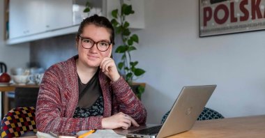 Polish teen Krysia Paszko, creator of a website supporting domestic violence victims, poses at her family house in a suburb of Warsaw, Poland, Feb. 23, 2021. (AFP Photo)