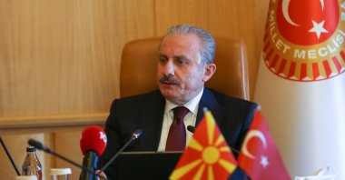 Parliament Speaker Mustafa Şentop receives Macedonia's Justice Minister Bojan Marichikj (not pictured) in the capital Ankara, Turkey, April 7, 2021. (AA Photo)