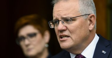 Australian Prime Minister Scott Morrison speaks to the media during a press conference at Parliament House in Canberra, Australia, March 17, 2021. (AP Photo)