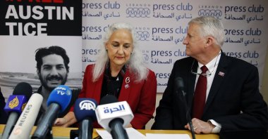 Marc and Debra Tice, the parents of Austin Tice, who is missing in Syria, speak during a press conference, at the Press Club, in Beirut, Lebanon, Dec. 4, 2018. (AP Photo)