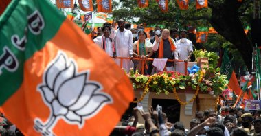 Amit Shah (top 3R), India’s home minister and leader of the Bharatiya Janata Party (BJP), takes part in a roadshow ahead of the Tamil Nadu state legislative assembly elections in Chennai, India, April 3, 2021. (AFP Photo)