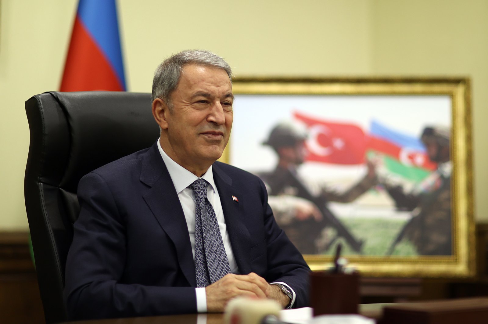 Defense Minister Hulusi Akar holds a videoconference with his Azerbaijani counterpart Zakir Hasanov, Ankara, Turkey, April 7, 2021. (AA Photo)