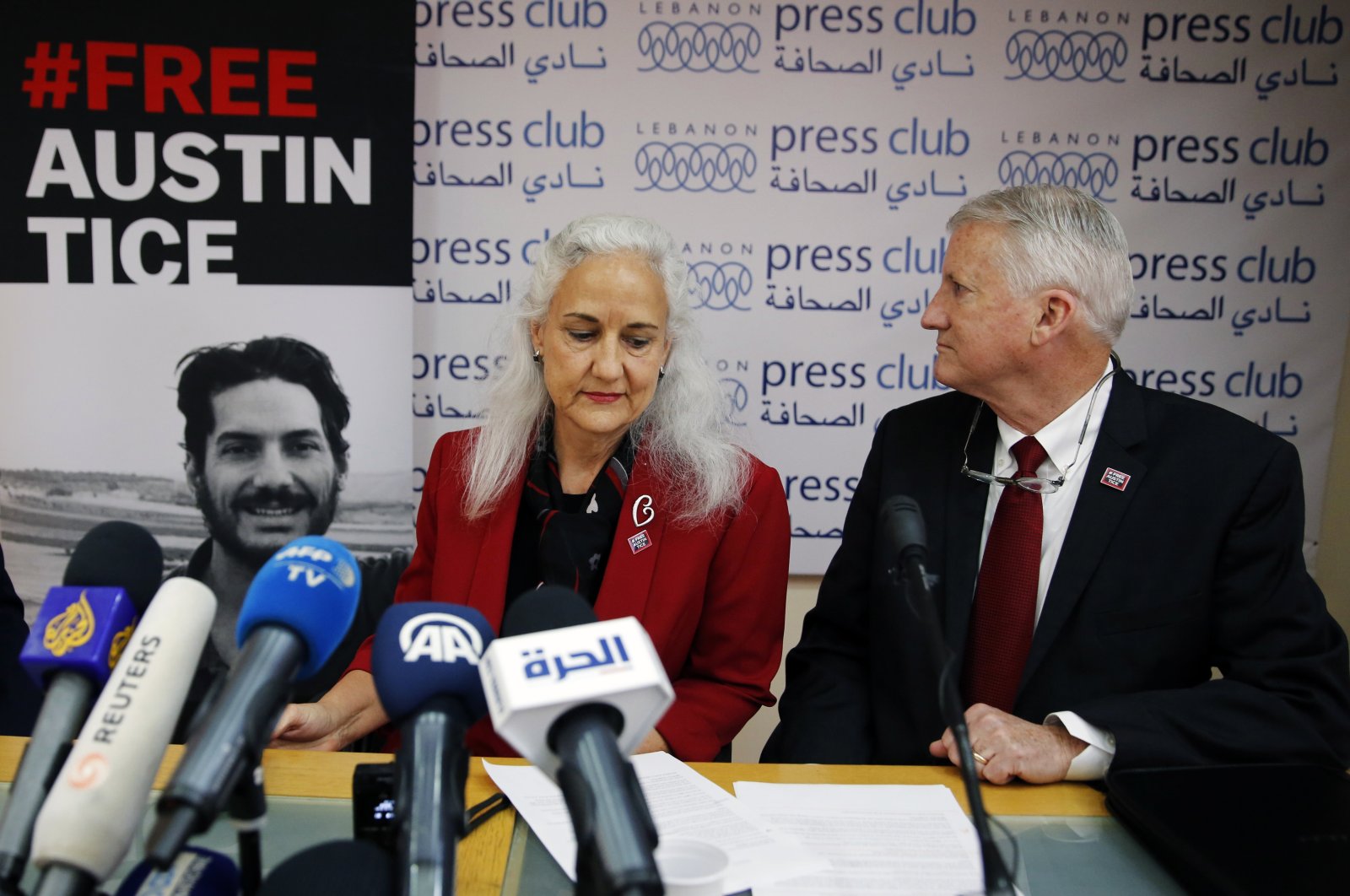 Marc and Debra Tice, the parents of Austin Tice, who is missing in Syria, speak during a press conference, at the Press Club, in Beirut, Lebanon, Dec. 4, 2018. (AP Photo)