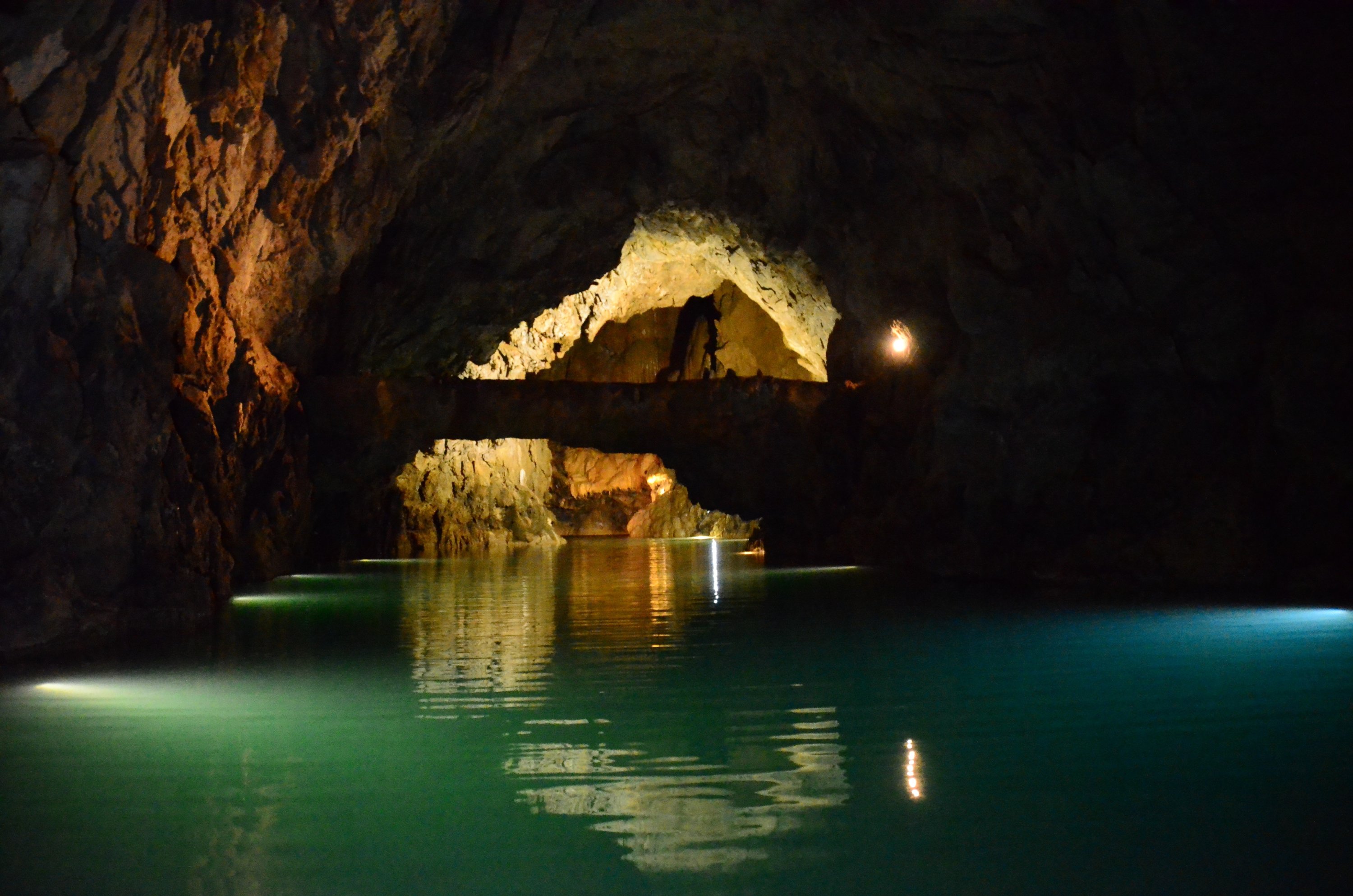 Light sources illuminate the ceiling of Altınbeşik Cave, reflecting on the water of its underground lake, Antalya, southern Turkey, March 5, 2021. (IHA Photo)