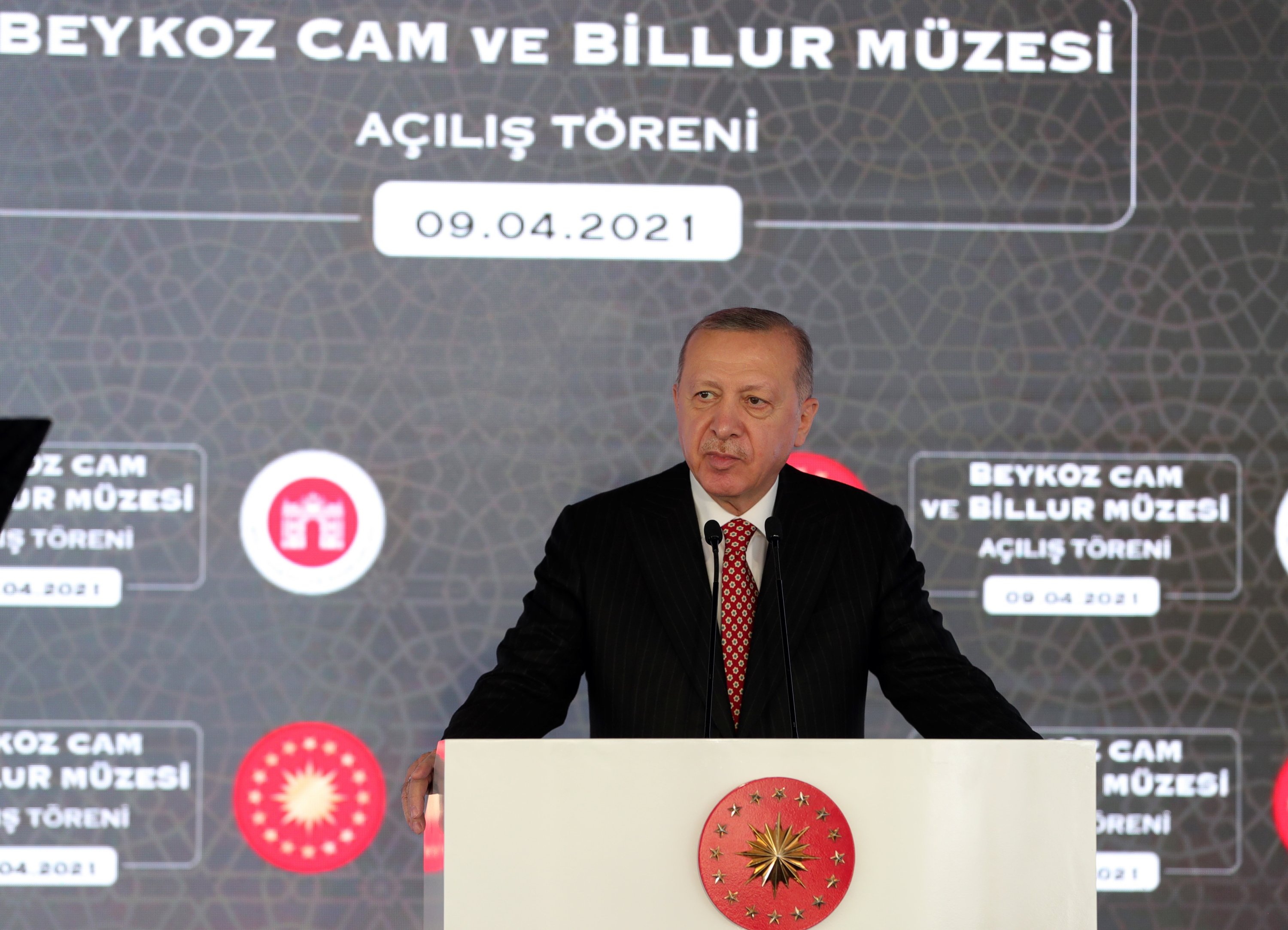 President Recep Tayyip Erdoğan speaks at the opening ceremony of the Beykoz Crystal and Glass Museum in Istanbul, Turkey, April 9, 2021. (AA Photo) 