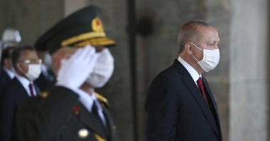 President Recep Tayyip Erdoğan (R) stands with a general during a ceremony at the mausoleum of Mustafa Kemal Atatürk, founder of the Republic of Turkey, in Ankara, Turkey, Aug. 30, 2020. (AP Photo)