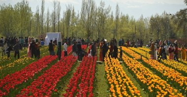 Visitors stroll around the grounds at the inauguration of Tulip festival at the Tulip garden in Srinagar, Kashmir, April 3, 2021. (AFP Photo)