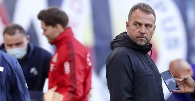 Bayern Munich coach Hansi Flick reacts during a Bundesliga match against RB Leipzig at Red Bull Arena in Leipzig, Germany, April 3, 2021. (EPA Photo)